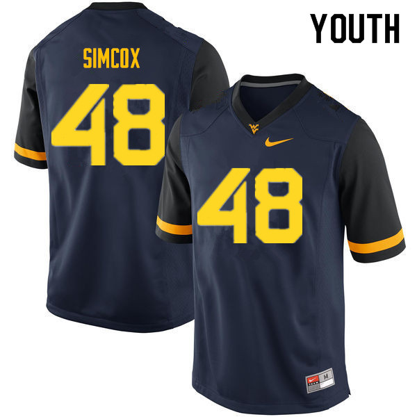 Youth #48 Skyler Simcox West Virginia Mountaineers College Football Jerseys Sale-Navy - Click Image to Close